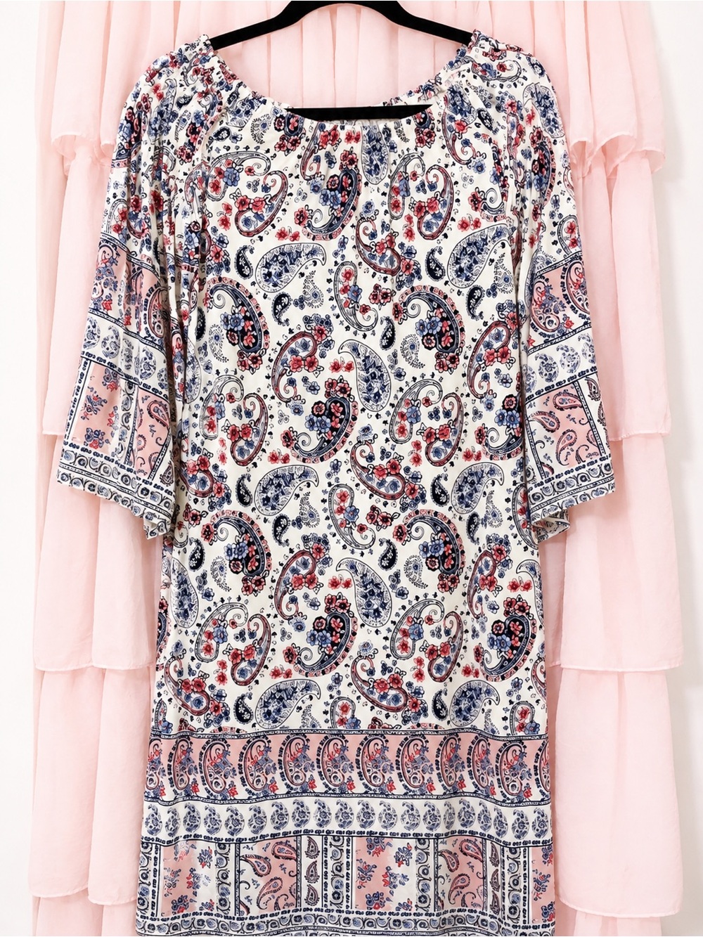 Floral Paisley White Midi Dress with Pink & Navy Accents